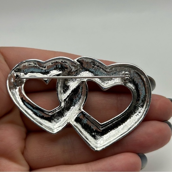 Large Silver Tone Double Heart Brooch Classic Valentine's Day Love - Picture 3 of 5